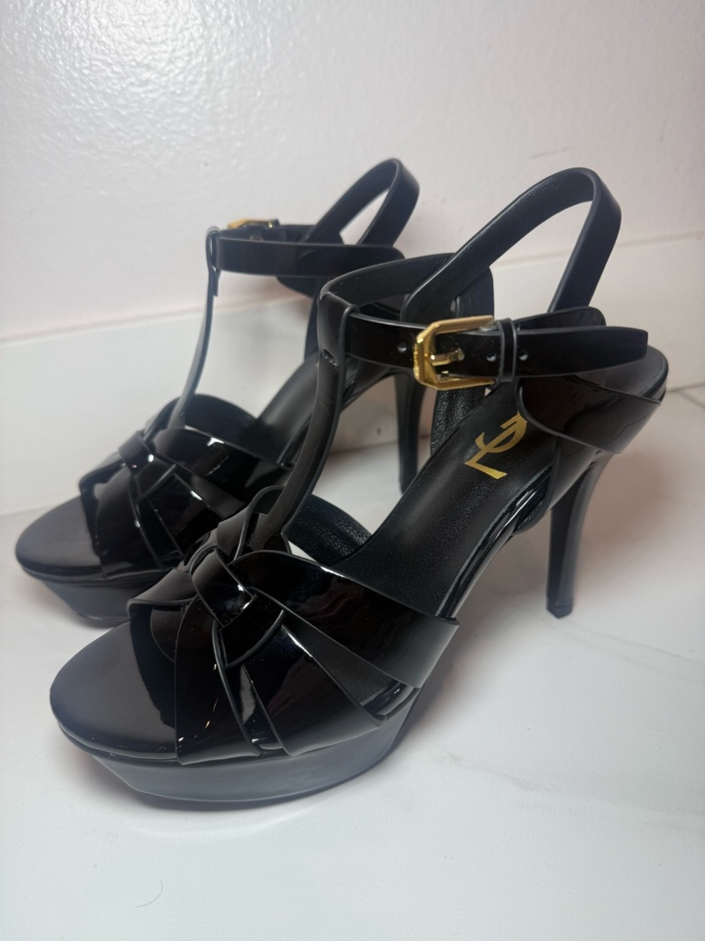 Yves Saint Laurent Black Patent Leather T-Strap Platform Heels with Gold Buckle